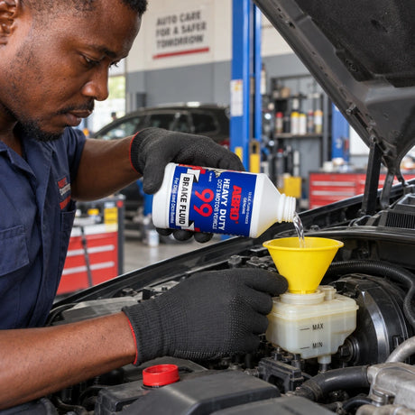 Technician carefully pouring Abro 99 DOT 3 brake fluid into a vehicle brake-fluid reservoir