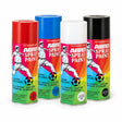 Four Abro multipurpose colour spray paint aerosol cans in red, blue, white and black arranged on a white background