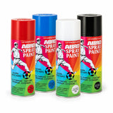 Four Abro multipurpose colour spray paint aerosol cans in red, blue, white and black arranged on a white background