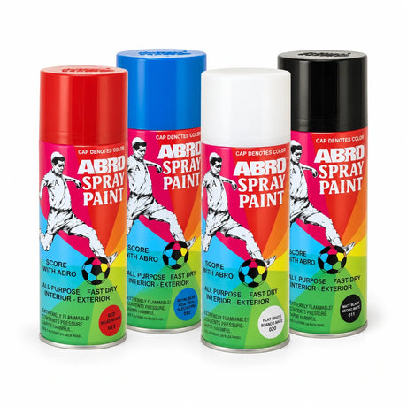 Four Abro multipurpose colour spray paint aerosol cans in red, blue, white and black arranged on a white background