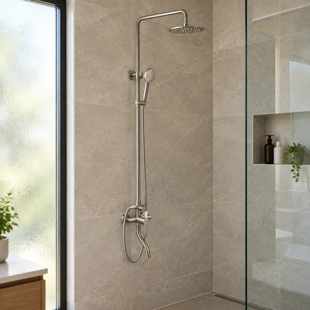 MaxTen satin nickel mixer shower set installed on the tiled wall of a contemporary walk-in bathroom