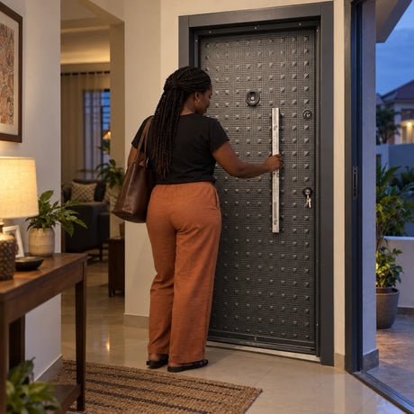 Ghanaian homeowner relaxing inside after closing a Fort Door graphite-grey full-metal security entrance door at dusk.