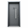 Graphite-grey Fort Door full-metal security entrance door with framed patterned panel, vertical handle plate and dual lock hardware on a white background.