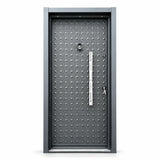 Graphite-grey Fort Door full-metal security entrance door with framed patterned panel, vertical handle plate and dual lock hardware on a white background.