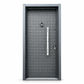 Graphite-grey Fort Door full-metal security entrance door with framed patterned panel, vertical handle plate and dual lock hardware on a white background.