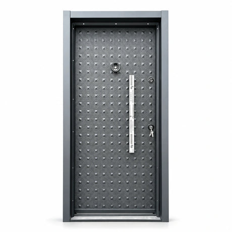 Graphite-grey Fort Door full-metal security entrance door with framed patterned panel, vertical handle plate and dual lock hardware on a white background.