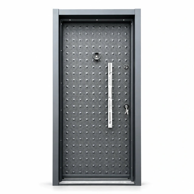 Graphite-grey Fort Door full-metal security entrance door with framed patterned panel, vertical handle plate and dual lock hardware on a white background.