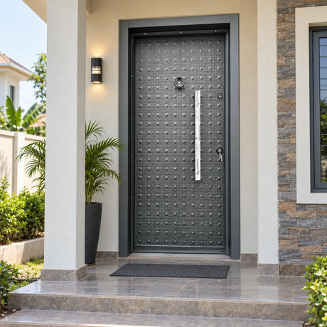 Closed Fort Door graphite-grey full-metal security entrance door installed in the finished entrance of a Ghanaian home