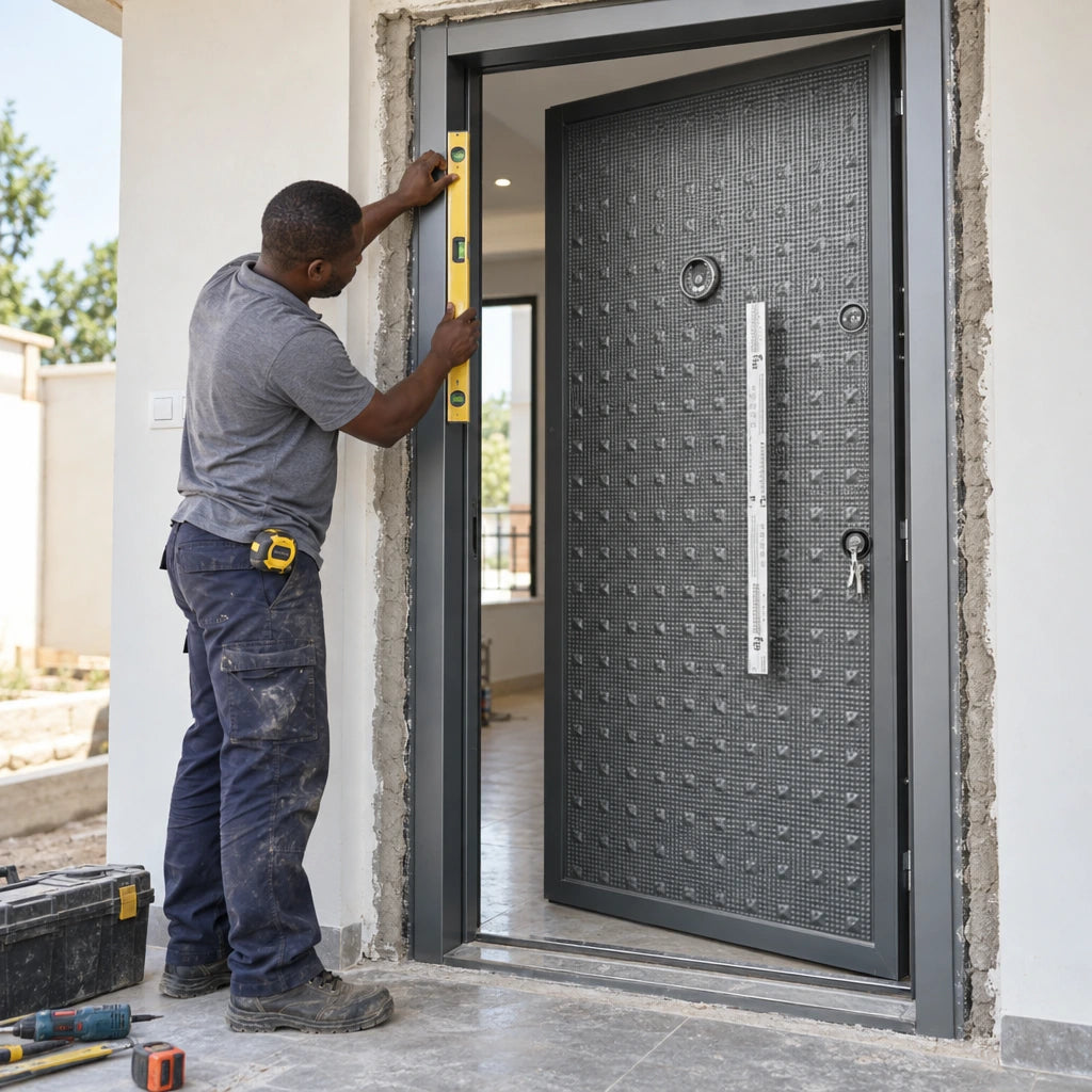 Ghanaian installer aligning a Fort Door full-metal security entrance door and frame in a residential doorway.