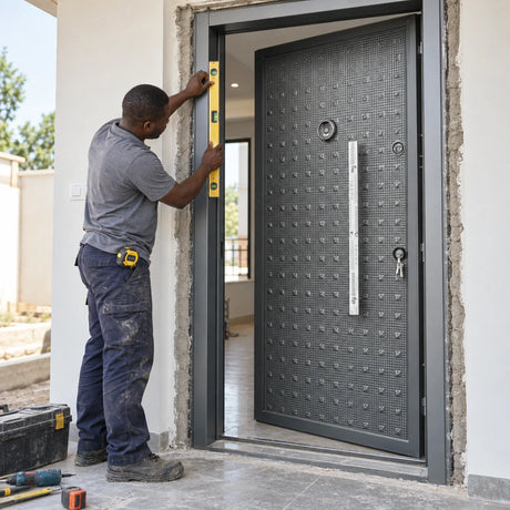 Ghanaian installer aligning a Fort Door full-metal security entrance door and frame in a residential doorway.
