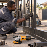 Completed smooth weld on a steel gate inspected beside a Coofix corded angle grinder in a Ghanaian workshop