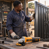 Finished metal gate panel beside a Coofix angle grinder after workshop cutting and grinding