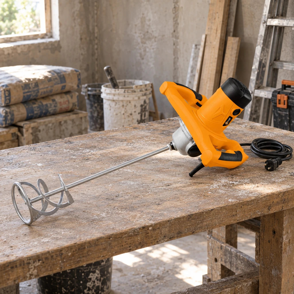 Coofix electric paint and mortar mixer resting on a timber workbench in a Ghanaian renovation workshop