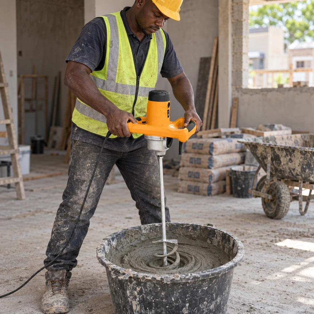 Ghanaian mason using a Coofix 1400W electric mixer to blend grey mortar in a construction bucket