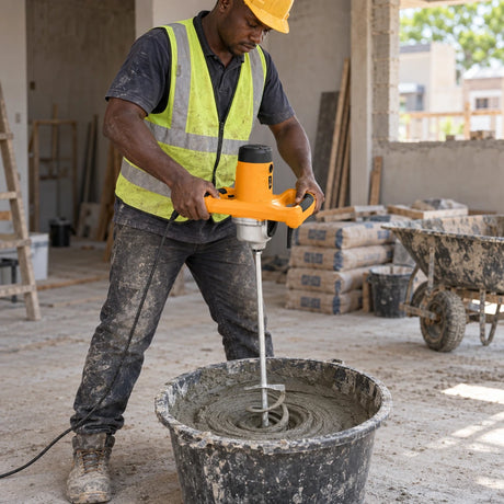 Ghanaian mason using a Coofix 1400W electric mixer to blend grey mortar in a construction bucket