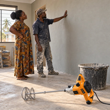 Finished plaster wall inspected by a Ghanaian homeowner with a Coofix electric mortar mixer resting in the foreground
