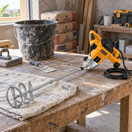 Coofix electric mortar mixer resting on a workshop bench beside a mixing bucket before renovation work