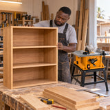 Finished timber shelving beside a Coofix electric table saw after accurate workshop cutting