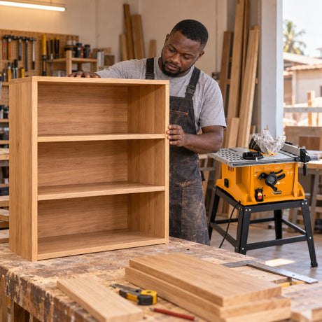 Finished timber shelving beside a Coofix electric table saw after accurate workshop cutting