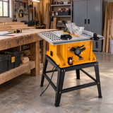 Coofix 10-inch electric table saw parked beside a timber workbench in a carpentry workshop