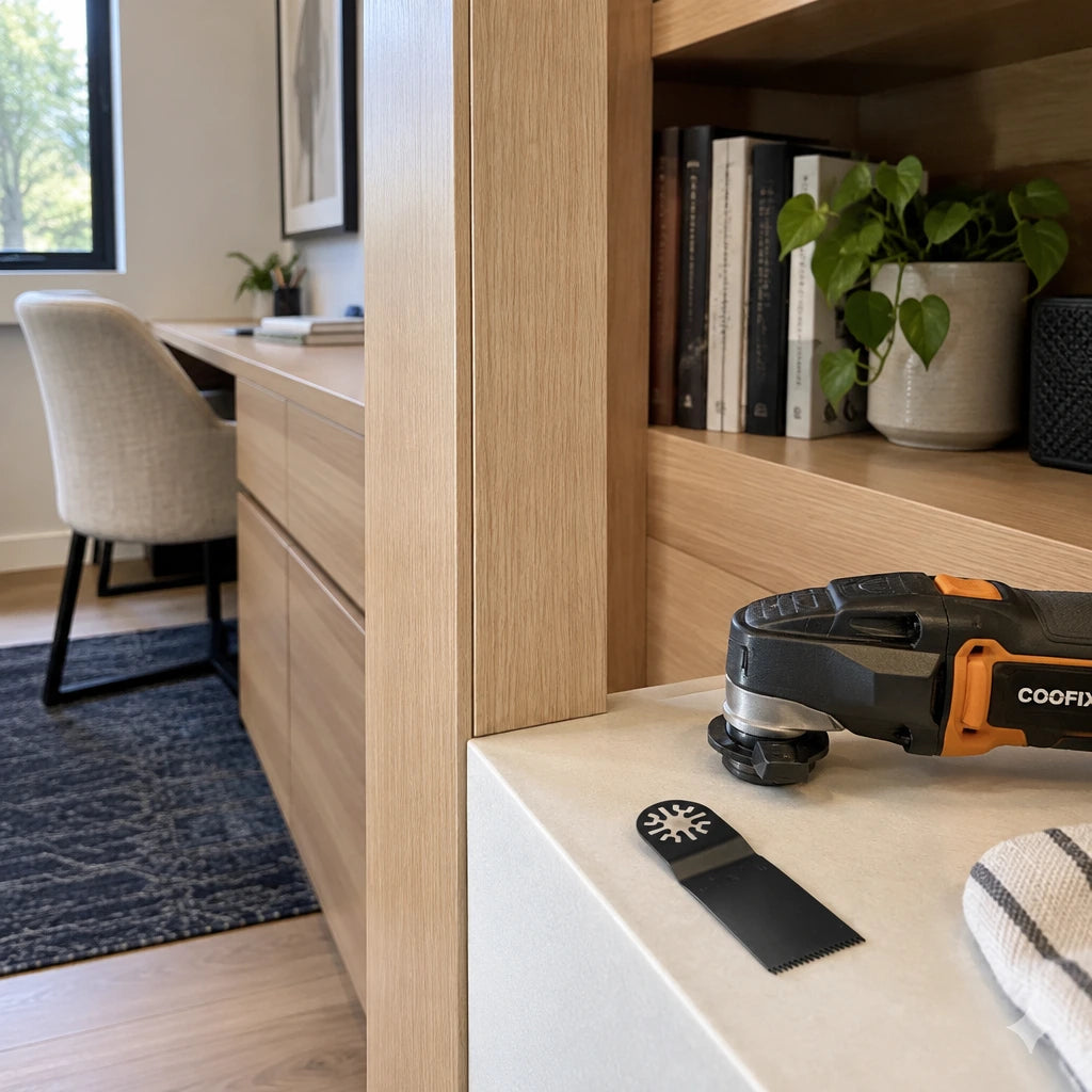 Finished flush timber trim in a contemporary storage installation with the Coofix oscillating blade and tool resting nearby