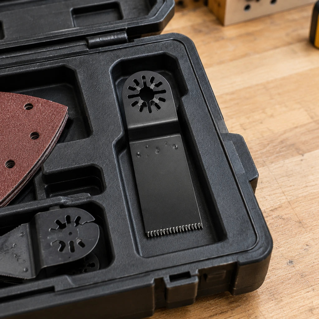 Coofix oscillating saw blade resting in an organised workshop tool-storage compartment