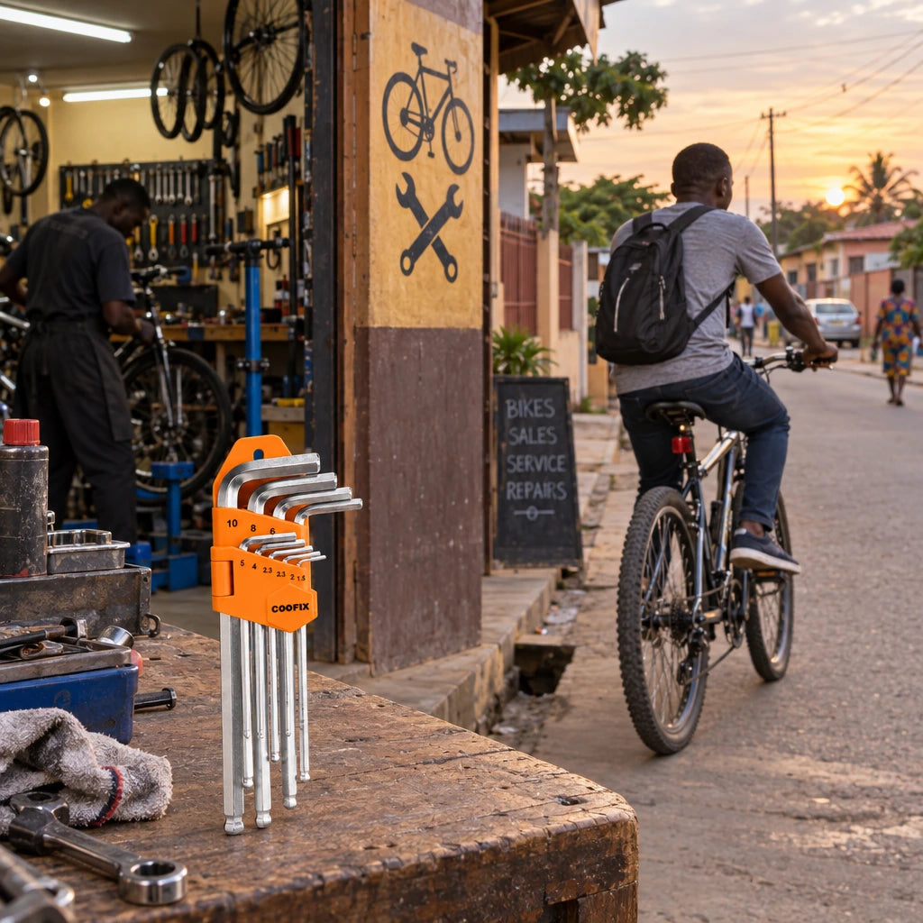 Bicycle rider leaving a Ghanaian repair shop after adjustment with the Coofix hex key set visible on the workbench