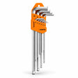 Coofix nine-piece metric long-arm ball-end hex key set in orange holder on a white background