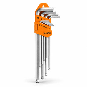 Coofix nine-piece metric long-arm ball-end hex key set in orange holder on a white background