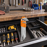 Coofix orange nine-piece ball-end hex key set resting in an open workshop tool drawer