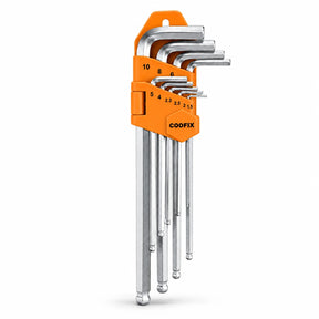Coofix nine-piece metric short-arm ball-end hex key set in orange holder