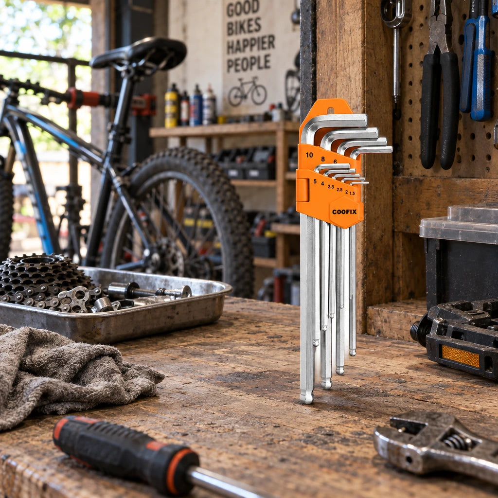 Coofix orange nine-piece hex key set resting on a bicycle repair workshop bench