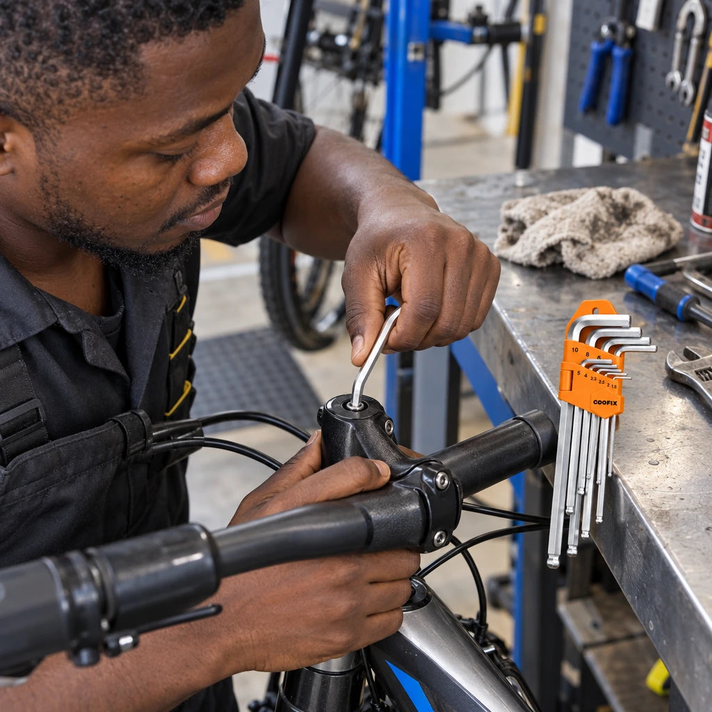 Ghanaian bicycle technician using a Coofix ball-end hex key on a recessed stem fastener
