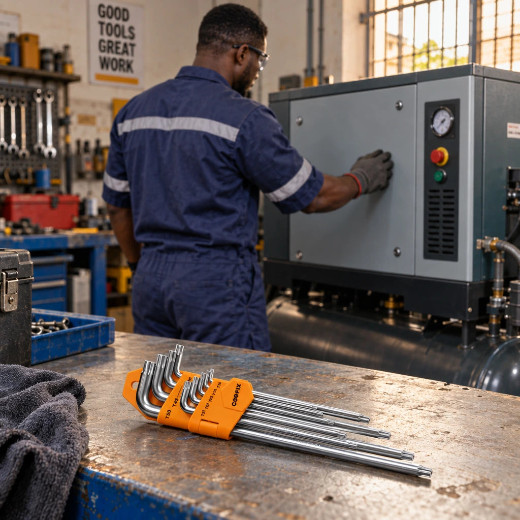 Completed workshop machine beside a Coofix nine-piece Torx key set after maintenance