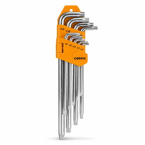 Coofix nine-piece extra-long chrome-vanadium Torx key set in orange holder on a white background