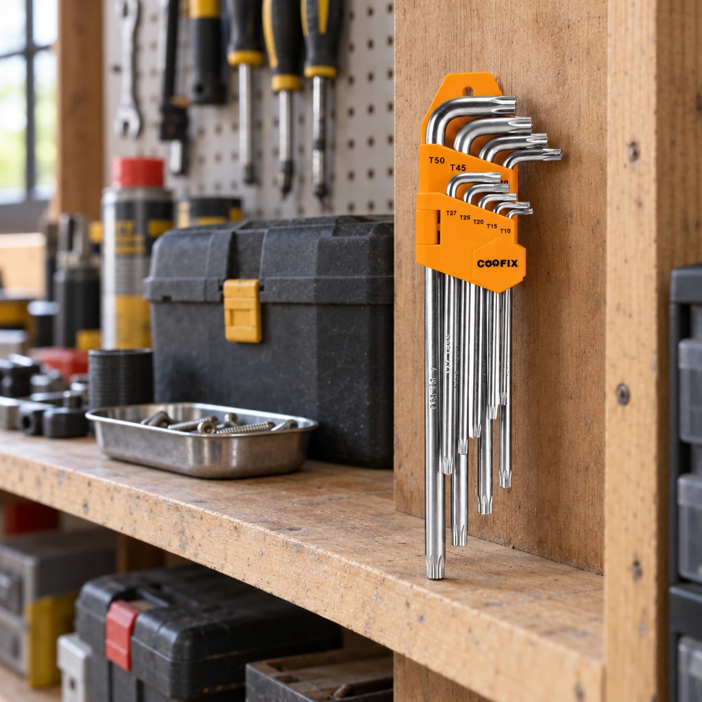 Coofix Torx key set resting in its orange holder on a workshop shelf