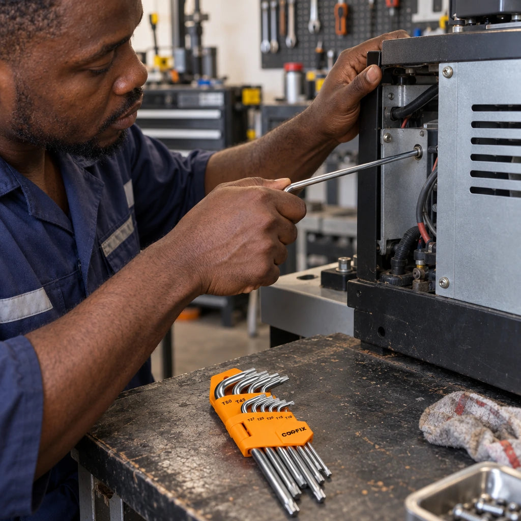 Ghanaian technician using a Coofix extra-long Torx key on a recessed machine fastener