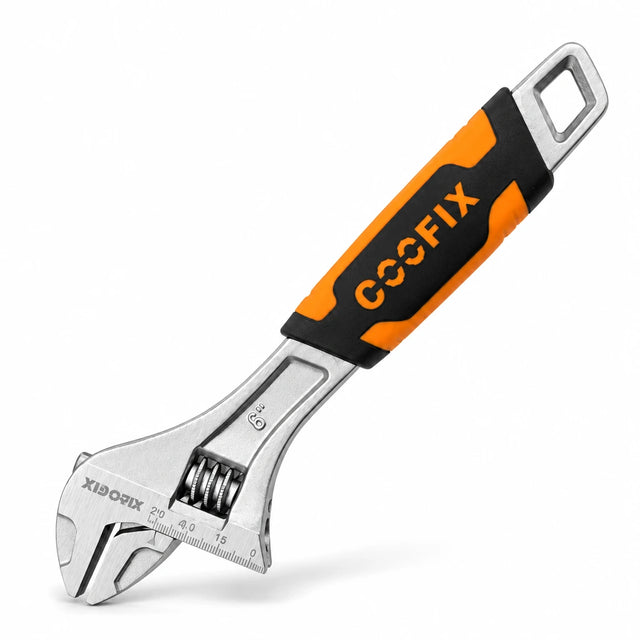 Coofix 6-inch chrome-vanadium adjustable wrench with black and orange TPR handle on a white background