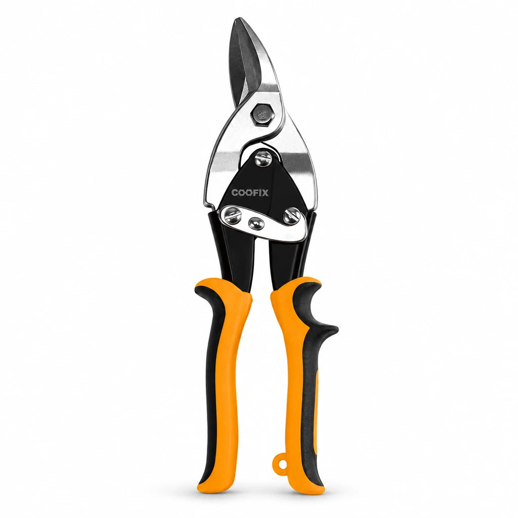 Coofix 10-inch chrome-vanadium right-cut aviation snips with orange and black TPR handles on a white background