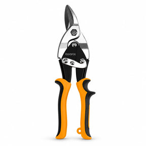 Coofix 10-inch chrome-vanadium right-cut aviation snips with orange and black TPR handles on a white background