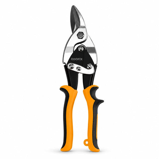 Coofix 10-inch chrome-vanadium right-cut aviation snips with orange and black TPR handles on a white background