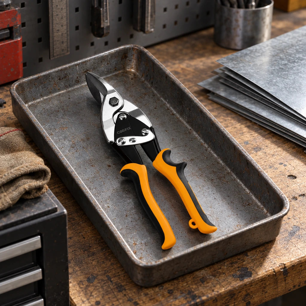 Coofix right-cut aviation snips resting in a metalworking tool tray on a workshop bench