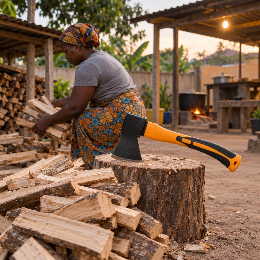 Split kindling stacked beside a Coofix two-tone handled axe after outdoor firewood preparation