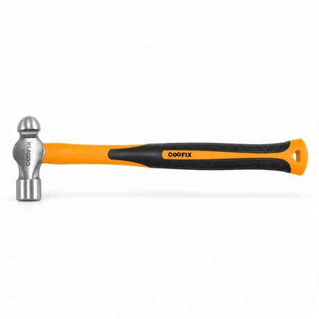 Coofix drop-forged ball-pein hammer with polished steel head and orange fiberglass handle on white background