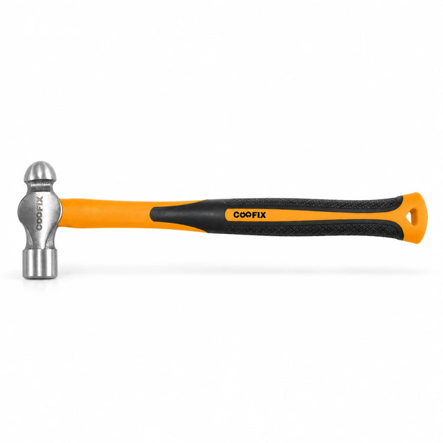 Coofix drop-forged ball-pein hammer with polished steel head and orange fiberglass handle on white background