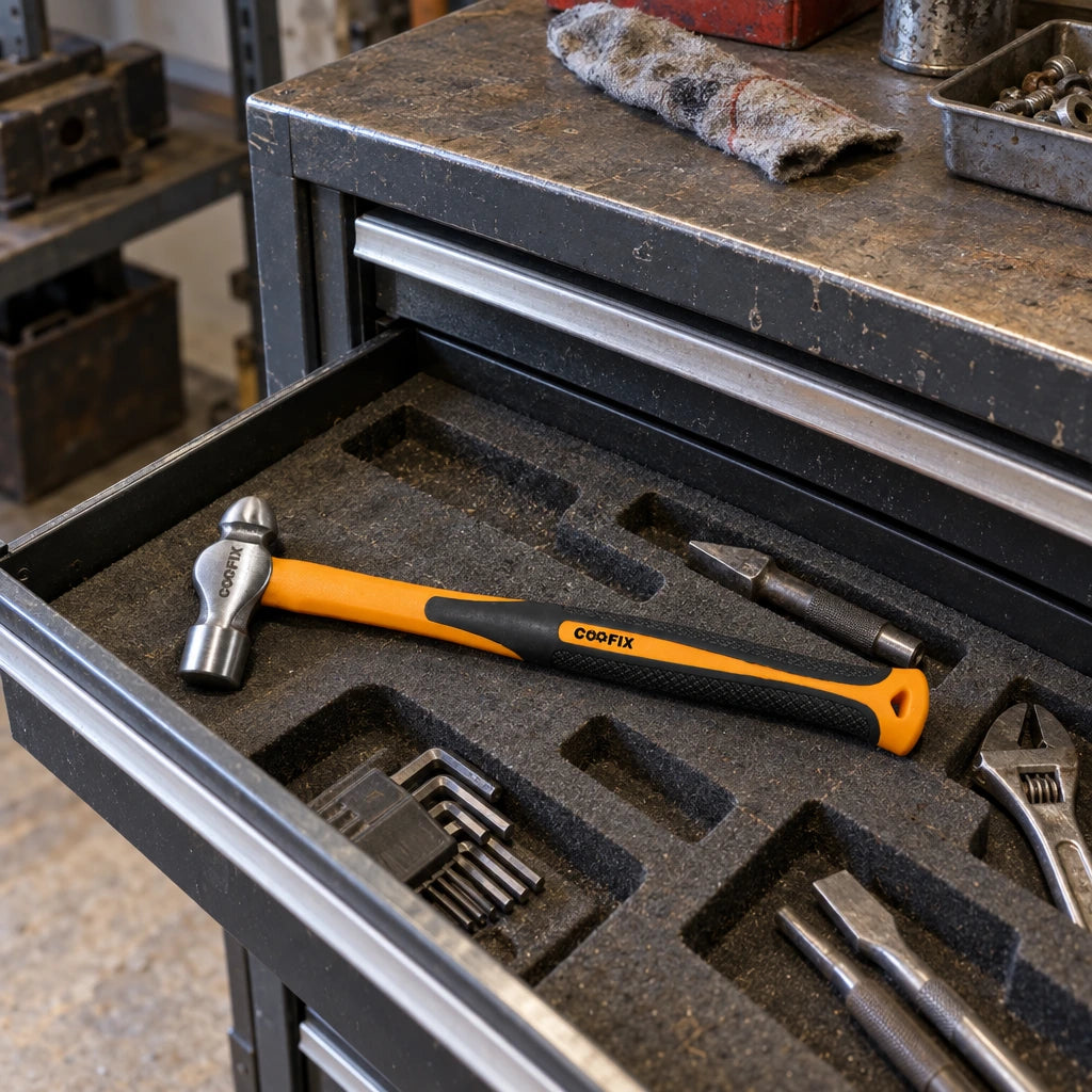 Coofix ball-pein hammer resting in an open tool drawer in a working metal workshop