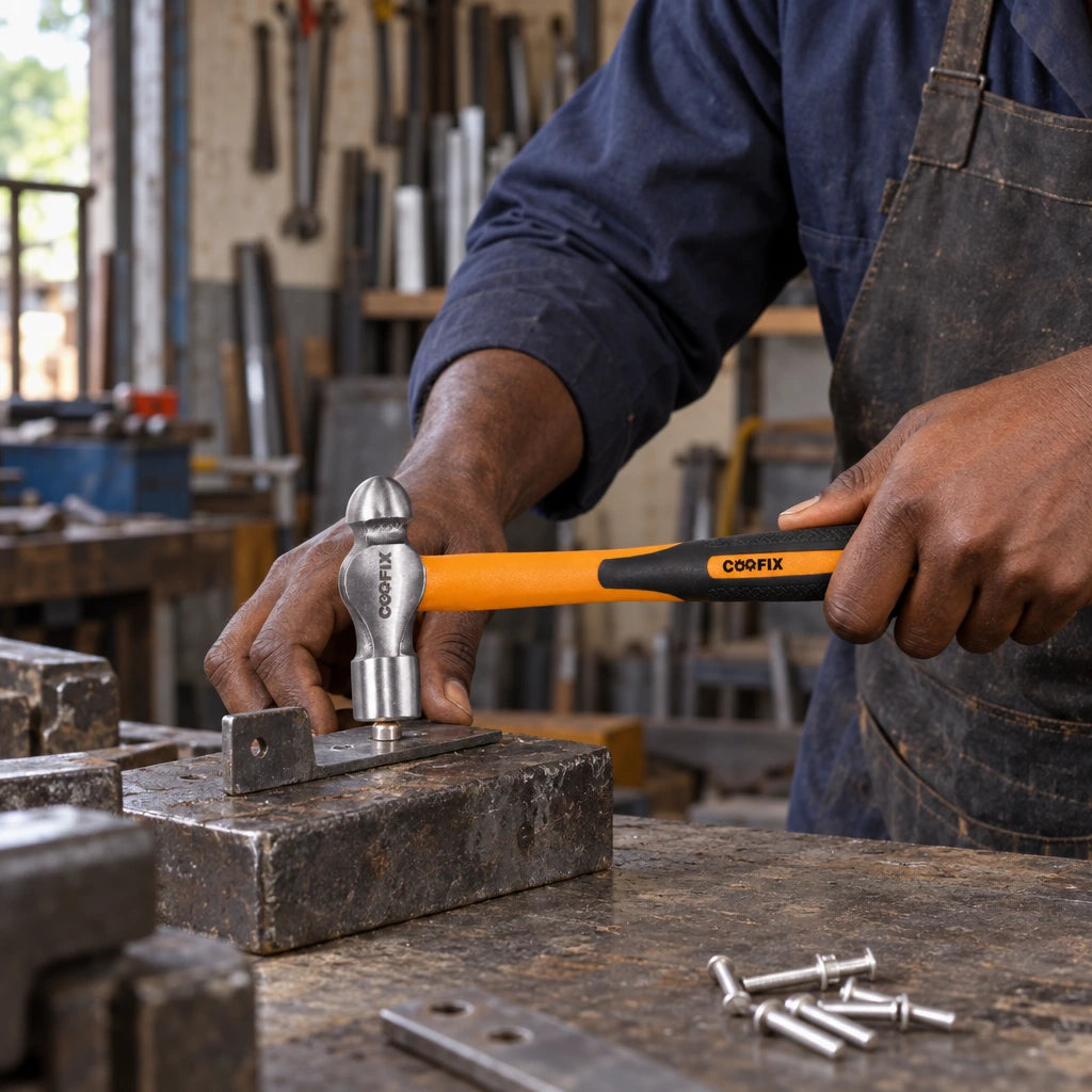 Worker using a Coofix ball-pein hammer to peen a metal rivet on a workshop bench