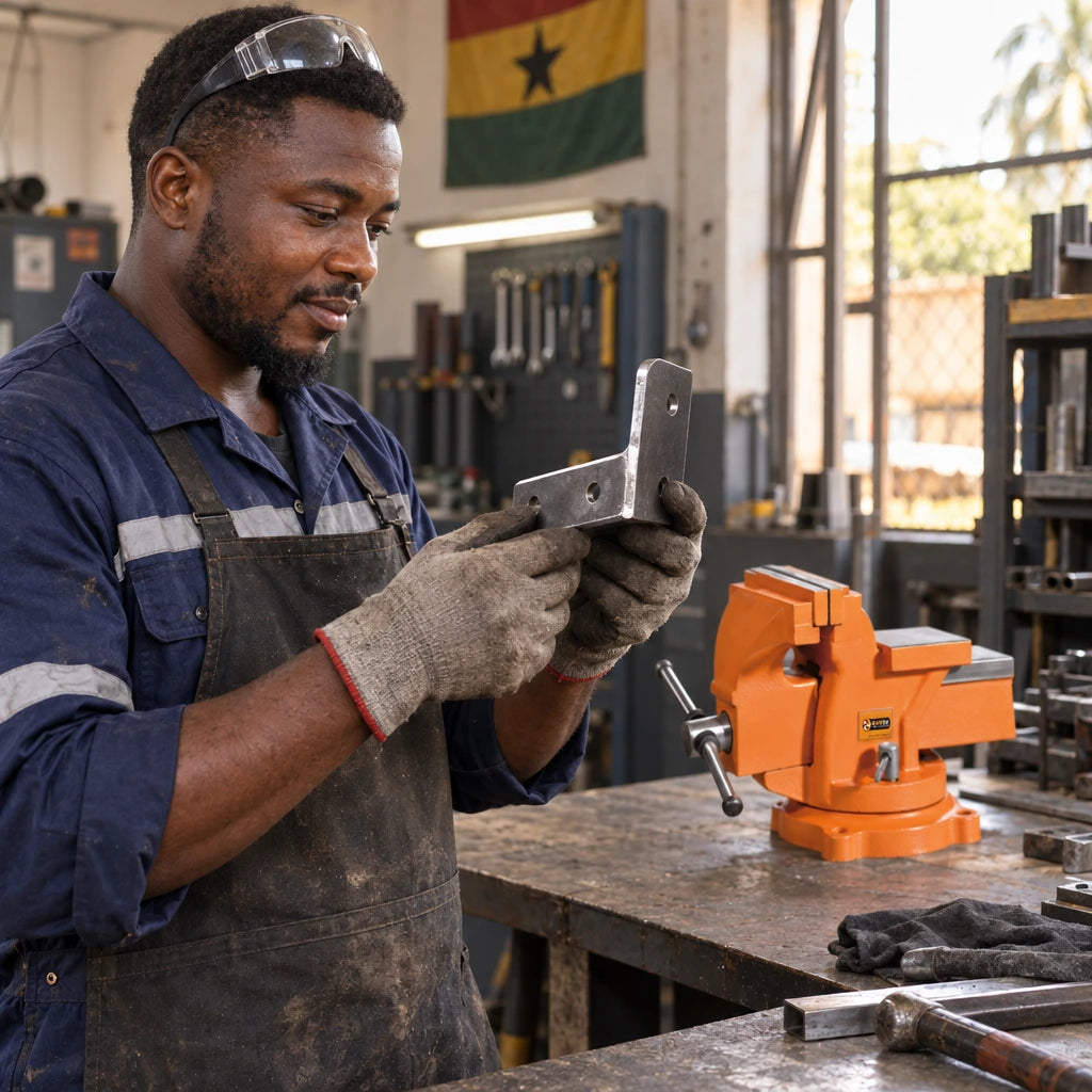 Technician inspecting a finished metal bracket beside a Coofix orange bench vice in a workshop