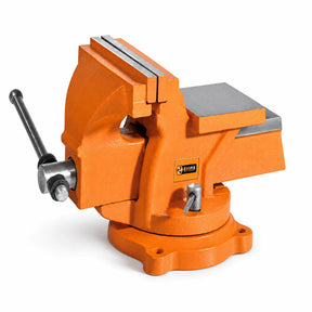 Coofix CFH-C08002 orange 8-inch heavy-duty bench vice with grey jaws and swivel base on a white background
