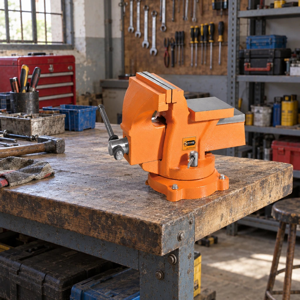 Coofix orange 8-inch bench vice installed on a sturdy workshop bench in a Ghanaian repair workspace